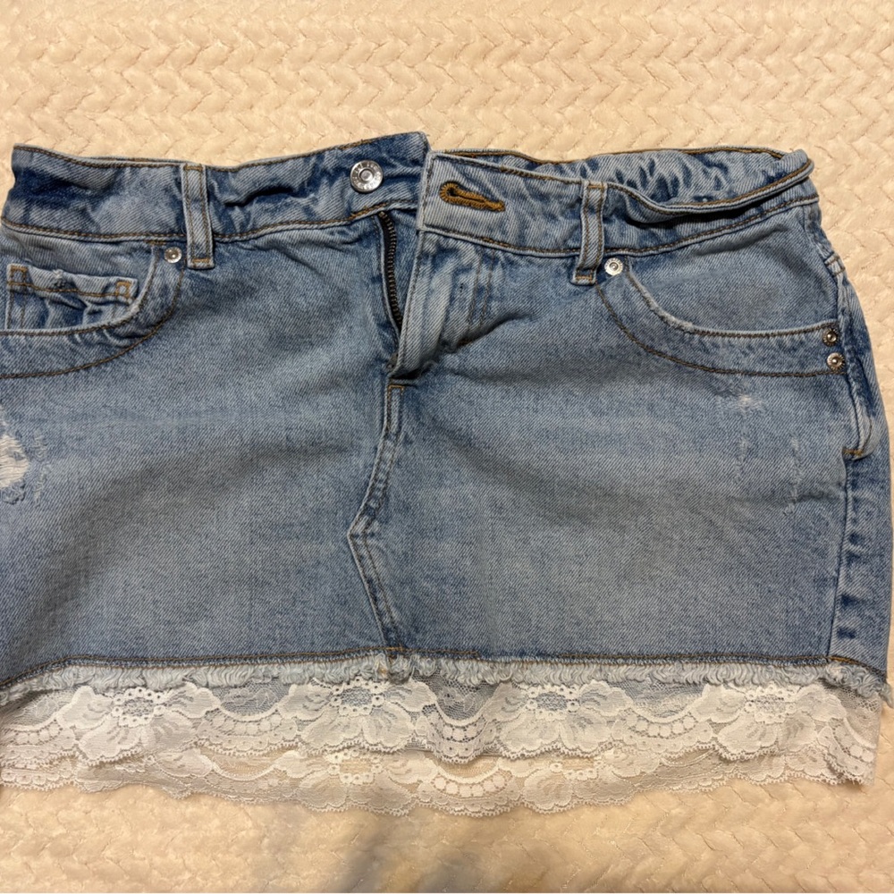 Urban Outfitters Light Blue Denim Mini Skirt with White Lace